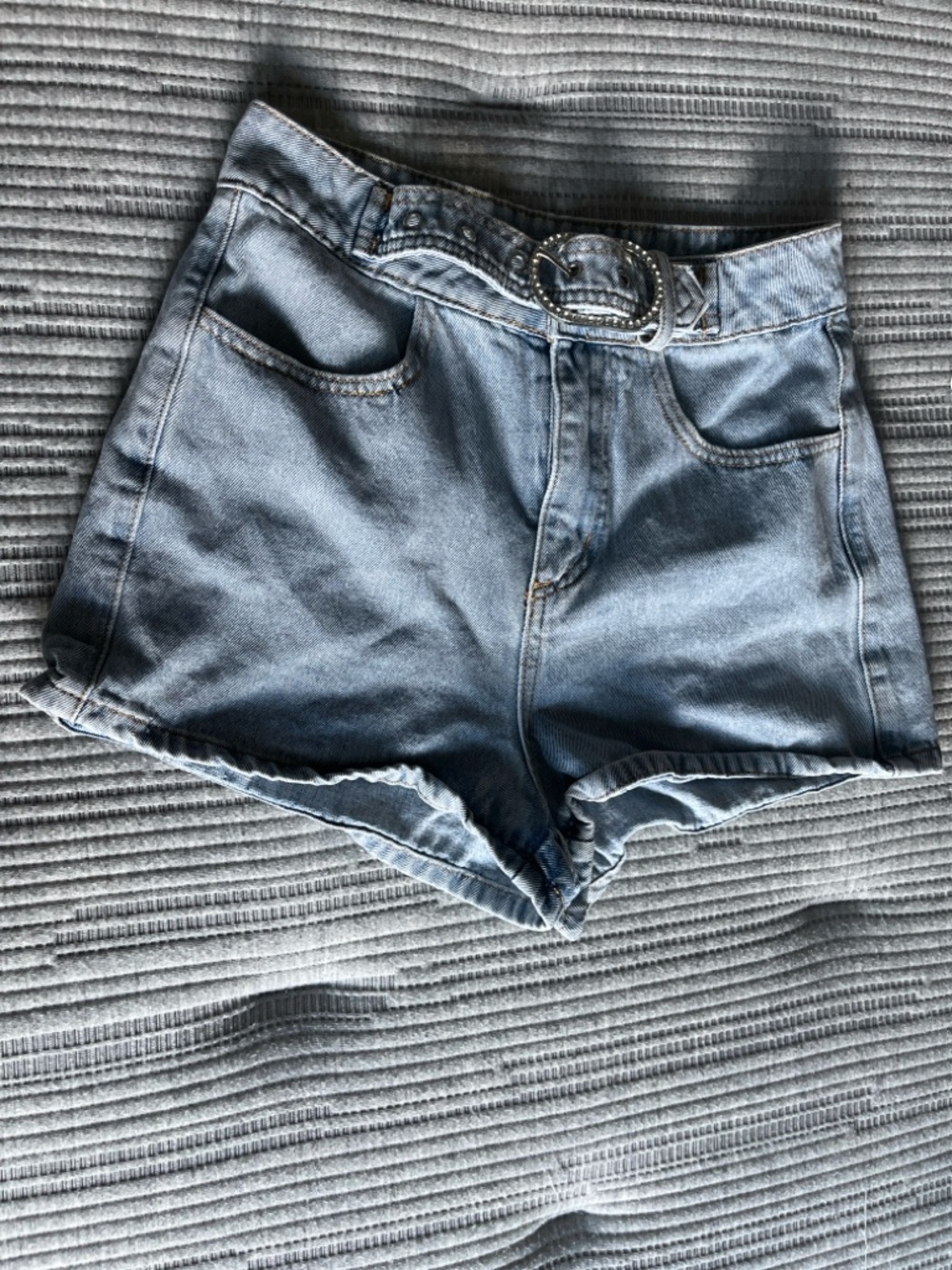 Le Lis Light Blue High-Waist Denim Shorts with Studded Belt